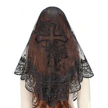 Bozidol Catholic Mantilla Mass Veil - Triangle Cross Embroidery Chu 1rch Lace Veil Spanish Chapel Mass Head Covering With Clips - black - 查看 2