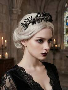 1件复古黑色花朵头饰，饰有水晶珠，适合新娘婚礼佩戴，也可作为女士派对、舞会、情人节配饰。 - 黑色 - 查看 2