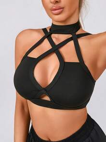 Women's Solid Color Fashion Removable Padded V-Neck Criss-Cross Back Sports Knit Bra - Black - View 3
