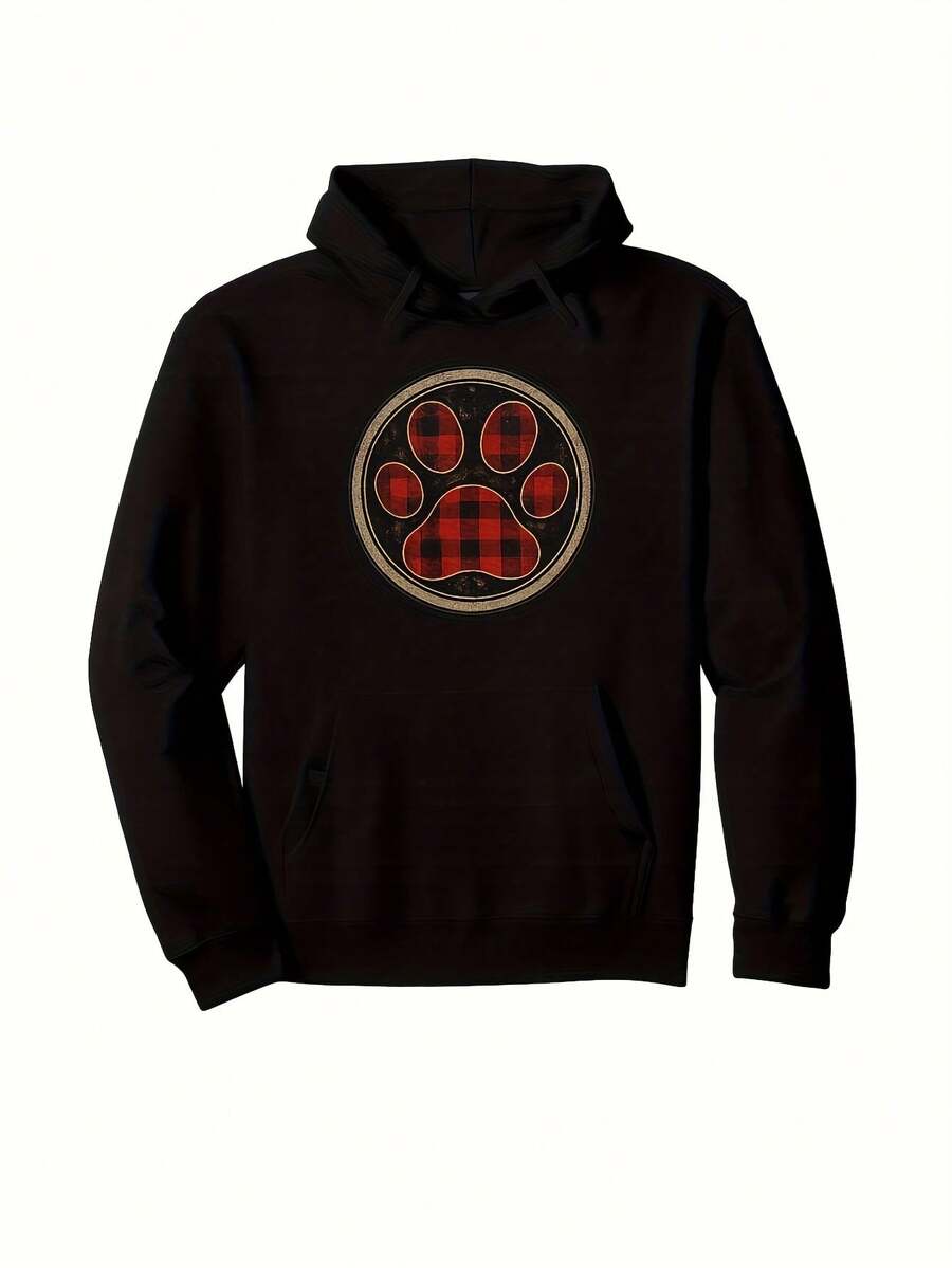 And Unisex Plaid Dog Paw Print Hoodie - Red Black Checkerboard Pet Paw Pattern Sweatshirt With Adjustable Hood And Pocket, Warm Winter Fall Clothing For Dog Owners, Casual Pullove_681 - 黑色13 - 查看 1