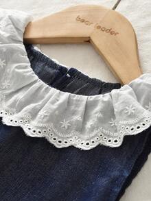 bearleader 2pcs Girls Denim Style Sleeveless Top And Lace Trim Pants Set - Navy Blue - View 3