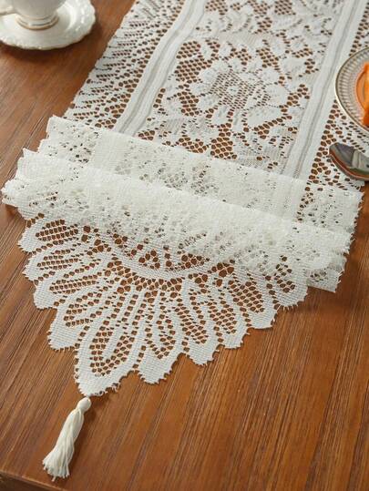 1pc Lace Tassel Table Runner, Simple Wedding Table Decor Lace Table Runner With Tassel, Suitable For Home Decor, Holiday Decoration