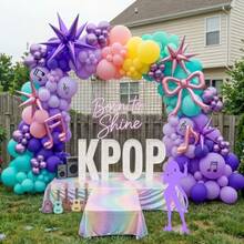144件套音乐猎人KPOP主题气球拱门套装，包含爆裂星、迪斯科星、星形和音符铝箔气球，以及浅粉色、深紫色、浅紫色和蓝色乳胶气球。适用于生日派对、舞会装饰、单身派对和迪斯科主题活动。 - 彩色 - 查看 9