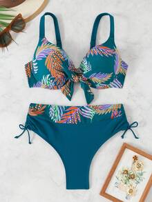 RWX VEST Plus Size Bikini Set With Floral Print, Tie-Up Top And Front Detail - XX561 - Màu xanh ngọc - Xem 1