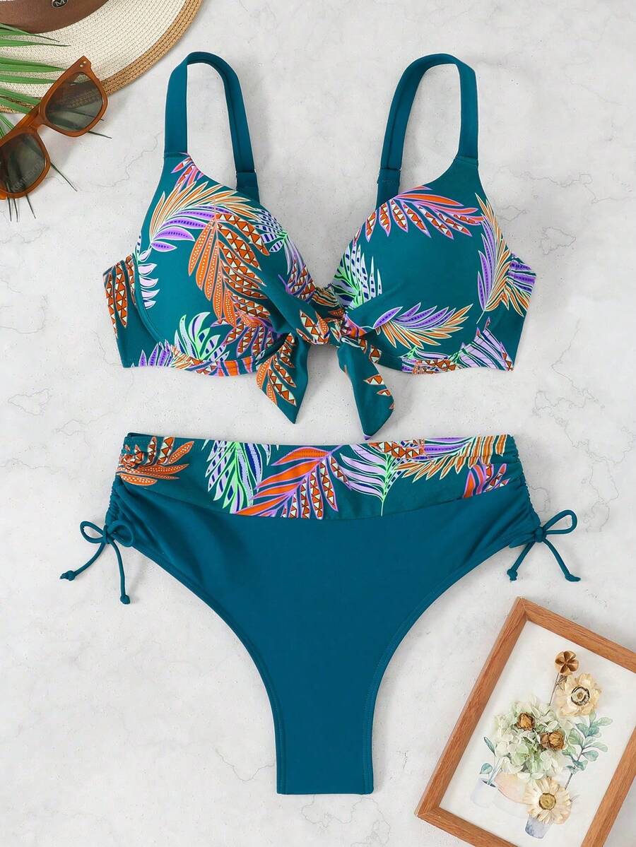 RWX VEST Plus Size Bikini Set With Floral Print, Tie-Up Top And Front Detail - XX561 - Màu xanh ngọc - Xem 1