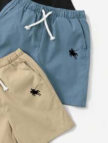 3pcs/Set Boys' Knight Pattern Drawstring Waist Slant Pocket Shorts - Khaki - View 5