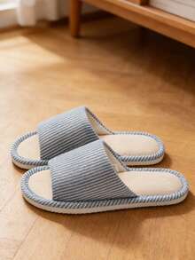 男士轻便透气吸湿露趾室内拖鞋，适合春秋季木地板穿着，简约条纹日式家居鞋 - 藍色 - 查看 7