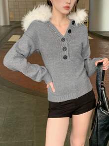 Hooded Knit Sweater Top With Furry Collar, Korean Style
