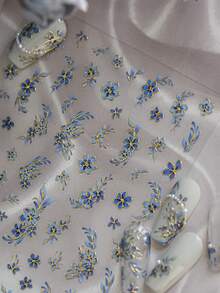 1片金色花纹蓝白瓷质金属质感盛开花朵5D美甲贴纸，浮雕东方优雅美甲贴花，自粘式美甲装饰贴片，女士美甲 - 彩色 - 查看 3