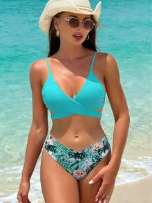 夏季随机印花性感波西米亚交叉肩带细肩带比基尼泳装海滩度假两件套 - 薄荷綠 - 查看 5