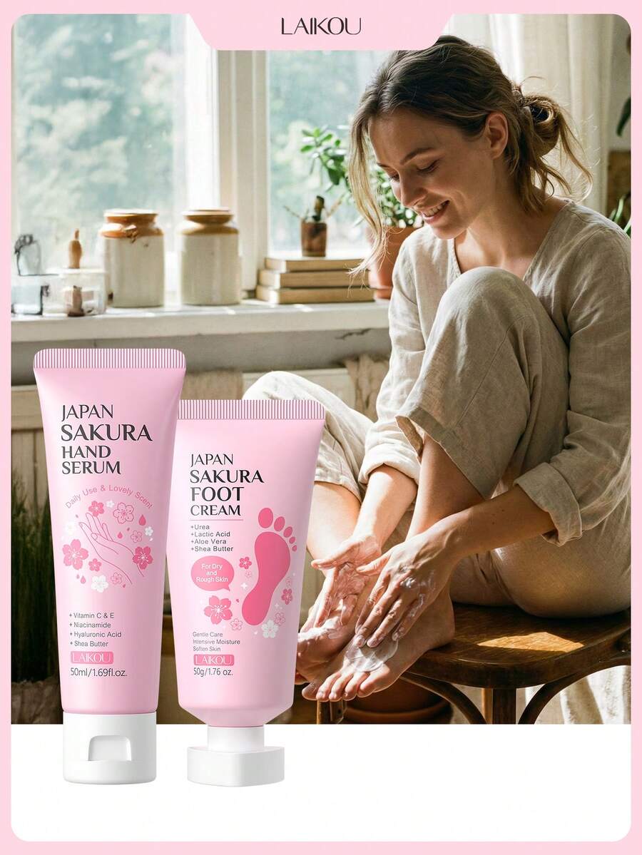 LAIKOU 1 طقم العناية بالجسم من شيري بلوسوم لايكو اليابانية (غسول اليدين المرطب بزهر الكرز 50 مل + كريم القدم المضاد للتشقق بزهر الكرز 50 جم)، مناسب للسفر والتخييم والتنزه والتسلق الجبلي والأنشطة الخارجية، للنساء والأمهات والزوجات والأخوات والمراهقات والصديقات، للعناية بالقدمين - وردي - مشاهدة 1