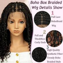 More Beautiful Full Lace Knotless Braided Wig With Curly Ends – 180% Density Handmade Synthetic Lace Front Wig For Women - #1B - Xem 6
