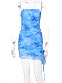 1pc Strapless Drawstring Design Printed Summer Dress, Suitable For Parties, Cocktail Events - Blue - View 2