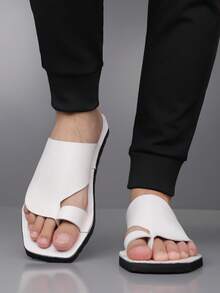 Men's White Microfiber Leather Flip Flop Sandals, Minimalist Retro Beach Vacation Shoes, Non-Slip Breathable, Sizes 39-48 - White - View 5