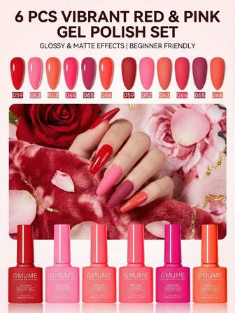 6pcs Classic Red & Pink Gel Nail Polish Set, Hot Coral Orange & Burgundy Wine Colors, Soak Off UV LED Cured, Vibrant Summer & Holiday Manicure Kit 7.5ml