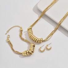 Collar de colgante de acero inoxidable chapado, simple y único, de moda europea y americana, conjunto elegante para mujeres - Conjunto de dos piezas de oro - Ver 2