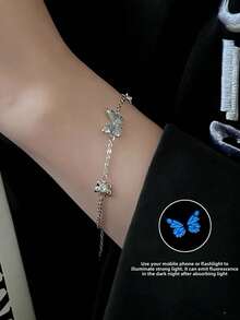 Niche Design Butterfly Luminous Sterling Silver Necklace Women's Light Luxury Style Zirconia Clavicle Chain Ins Style Pendant Valentine's Day Gift - Luminous Butterfly Bracelet - View 3