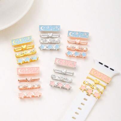 4pcs Zinc Alloy Star & Moon Shaped Watch Band Decorative Rings, Compatible With Apple/ Watch Bands (Watch Band Not Included)