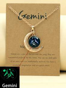 1pc Retro Luminous 12 Zodiac Constellation Necklace With Moon Pendant, Zodiac Card Necklace Gift For Party/Birthday - Yellow Gold - View 17