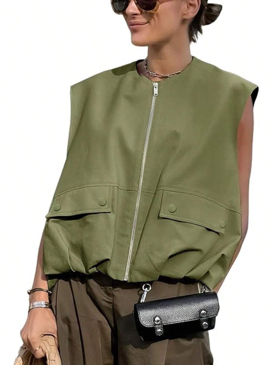Women's Oversized Zip Up Cargo Vest Casual Ruched Hem Sleeveless Jackets Vest Top With Pockets - Army - 查看 1