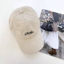 Minimalist Embroidered Letter Soft Top Retro Plaid Brimmed Cap, Thin Long Brim Sun Protection 5-Panel Hat, Streetwear Flat Brim Unisex Checkered Baseball Cap, American British College Style, Large Head Circumference Sun Protection Sports Cap - College Style - View 13