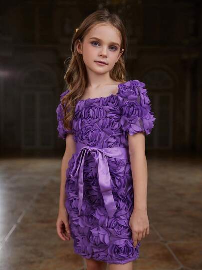 ALISA&LEO 女童3D立体花朵玫瑰花结派对礼服 - 少女方领特殊场合礼服，配缎面蝴蝶结腰带，适合花童和婚礼