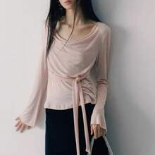 Women's Elegant Tie-Waist Loose Fit Scoop Neck Long Sleeve T-Shirt, Lightweight Casual Loose Fit Sun Protection Coverup, Loose Flattering Fashion Minimalist Casual Outdoor Top, Pink - Pink - View 2