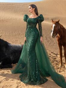 Faeriesty 女士闪亮串珠方领美人鱼长款礼服，泡泡袖，水晶刺绣紧身胸衣，薄纱拖尾，适合红毯晚宴、正式婚礼、晚宴招待会、奢华盛大活动等场合。 - 墨綠色 - 查看 4