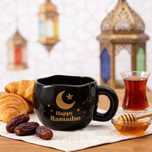 1/2pcs 285ml/9.5oz Ramadan Mubarak Ceramic Coffee Mugs, Handmade Asymmetrical Porcelain Tea Cups With Gold Star And Moon Pattern, Adorable Ramadan Drinkware For Coffee, Tea, Juice, Perfect For Ramadan/Eid Party Decor And Gifts - Multicolor - View 8
