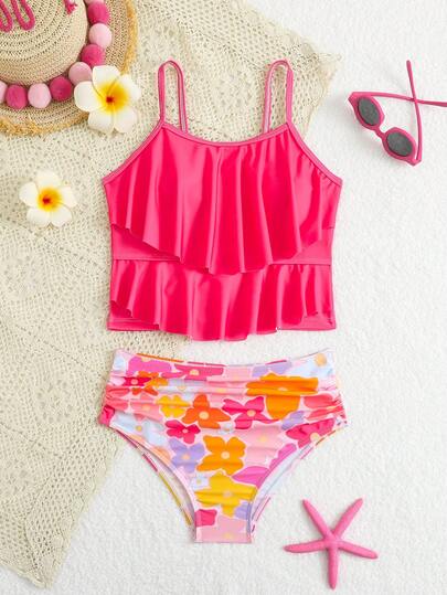 This Fashionable And Sweet Floral Print Ruffle Hem Camisole Swimsuit Set Includes Two Pieces, Suitable For Young Girls To Wear In Summer. Featuring Digital Print And Ruffle Trim Camisole Design, The Fabric Is Stretchy And Quick-Drying For Comfort, Creating A Stylish Vacation Vibe, Suitable For Beach, Surfing, Beach Vacation And Pool Party Occasions.