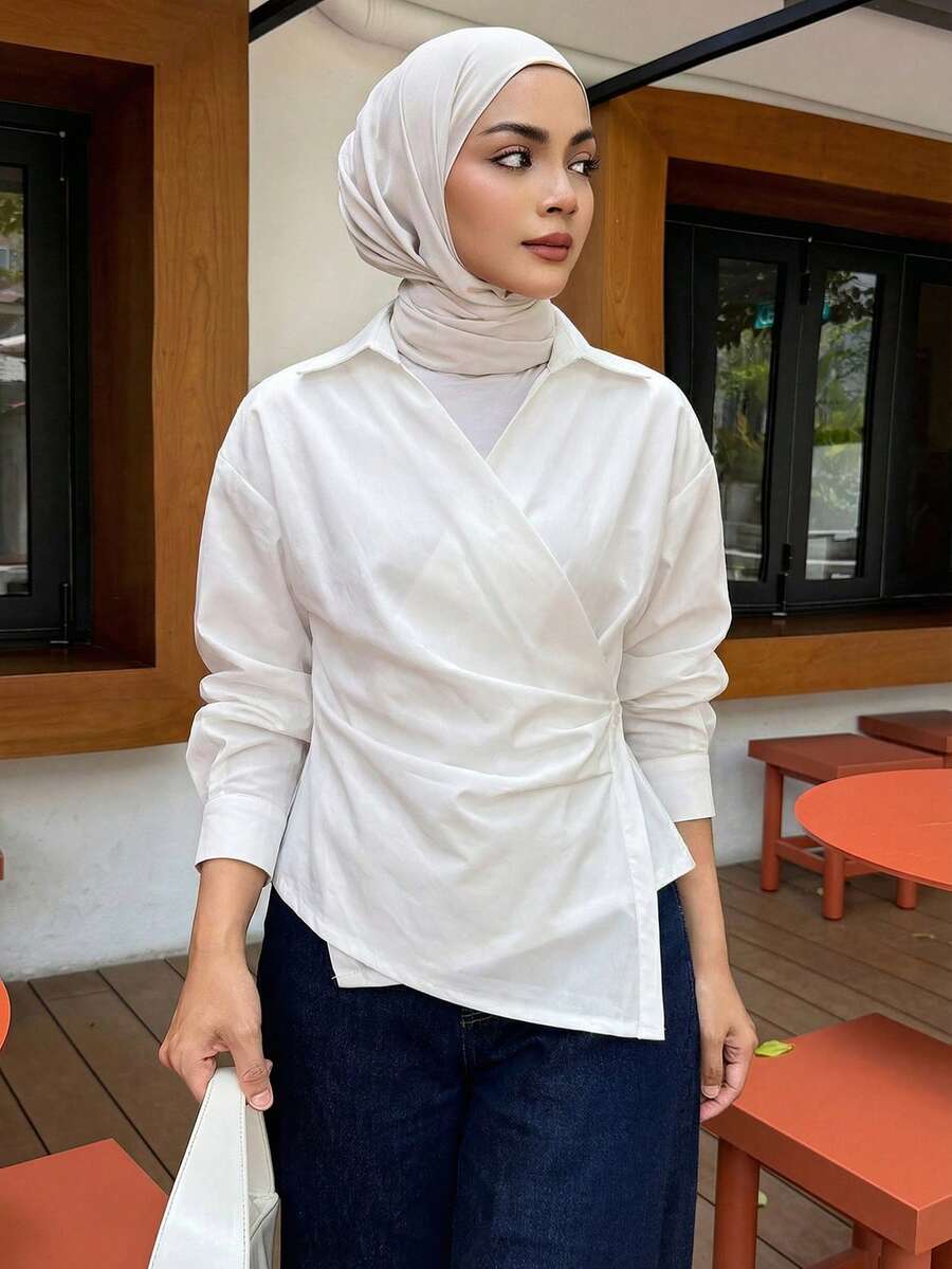 DAZY 女式纯色 V 领衬衫，白色，春夏秋装长袖上衣 - 白色 - 查看 1