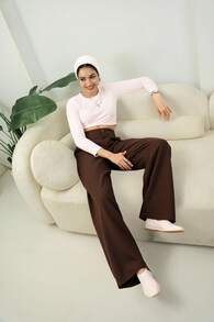 DAZY Pantalon droit ample de couleur unie avec taille élastique pour femmes, pantalon habillé pour femmes en automne - Tabac - Voir 1
