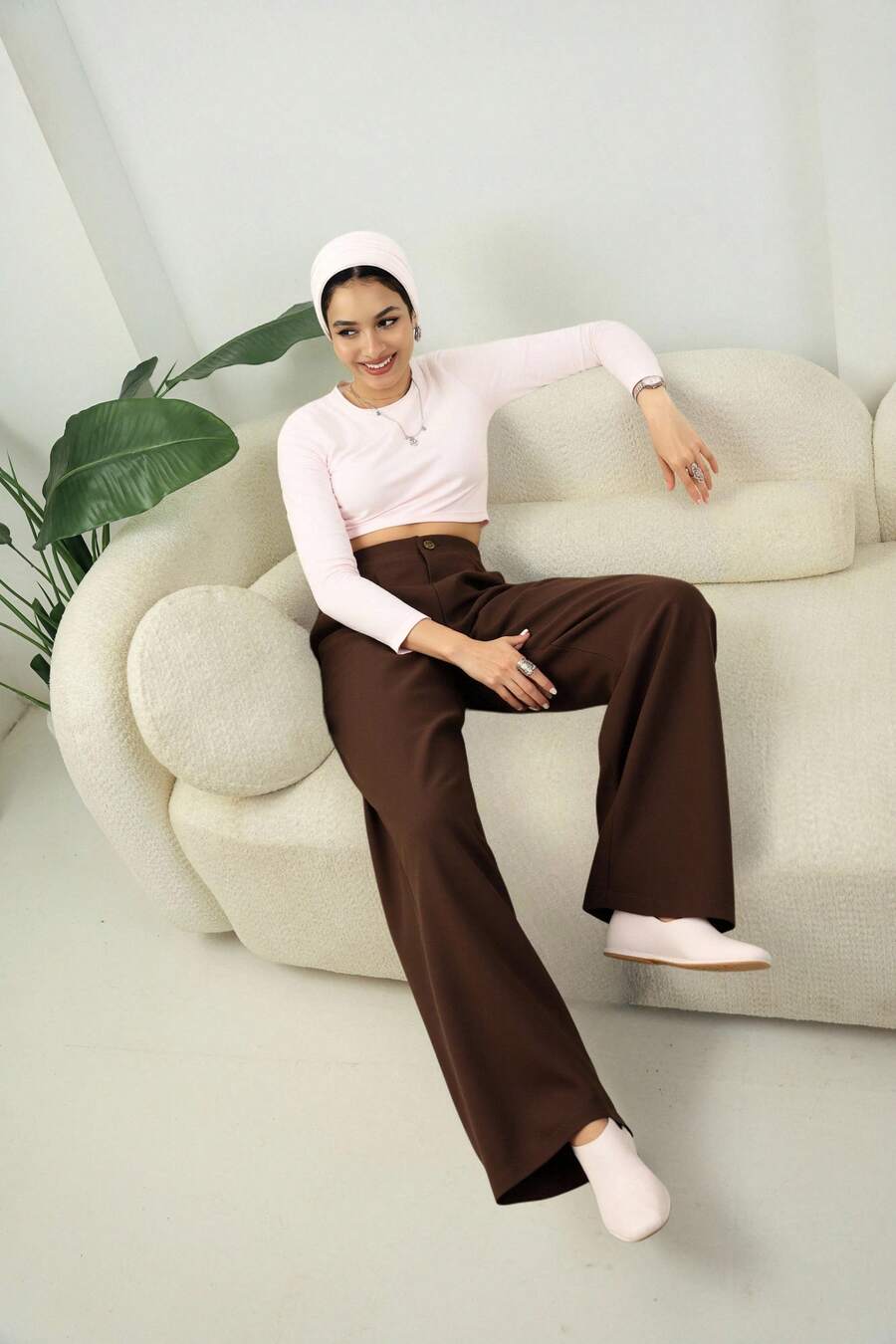 DAZY Pantalon droit ample de couleur unie avec taille élastique pour femmes, pantalon habillé pour femmes en automne - Tabac - Voir 1