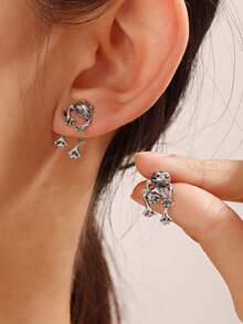 1 par de pendientes creativos y lindos con diseño de rana en el frente y la parte posterior, adecuados para uso diario - Plateado - Ver 5