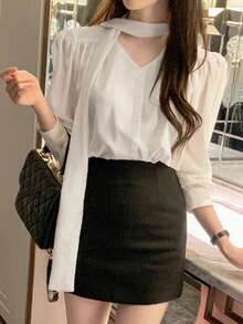 韩式早春时尚系带长袖衬衫，百搭上衣 - 白色 - 查看 1