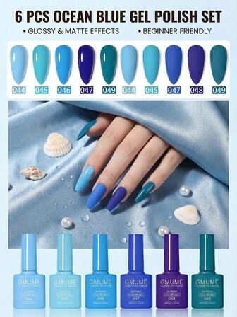 6 Peças Conjunto de Esmalte de Unha em Gel Azul, Cores Azul Marinho Real e Azul Céu, Cura UV LED Removível, Kit de Manicure Estilo Denim Clássico e Oceano para DIY 7,5ml
