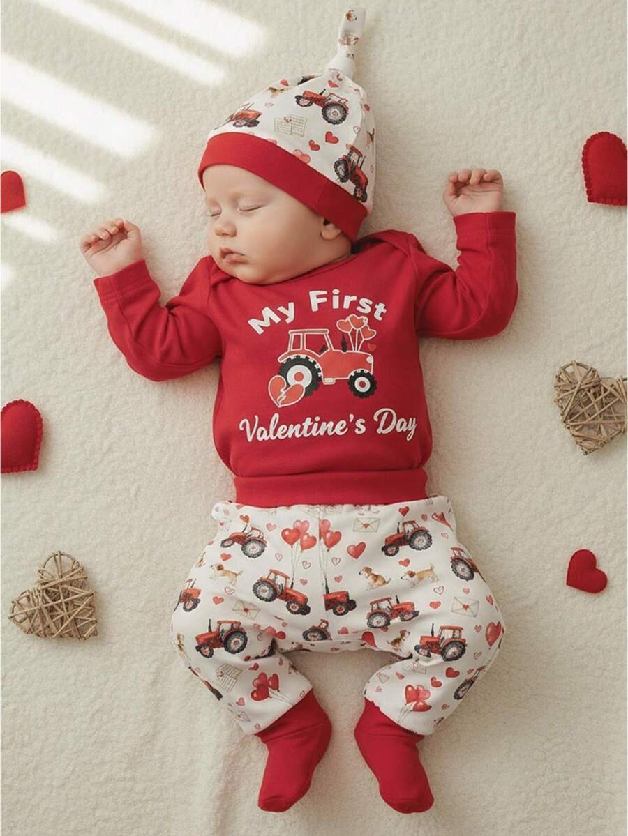 Baby Boy Valentines Day Outfit Tractor Heart Long Sleeve Romper Pants And Knotted Hat 3 Piece Set - 紅色 - 查看 1