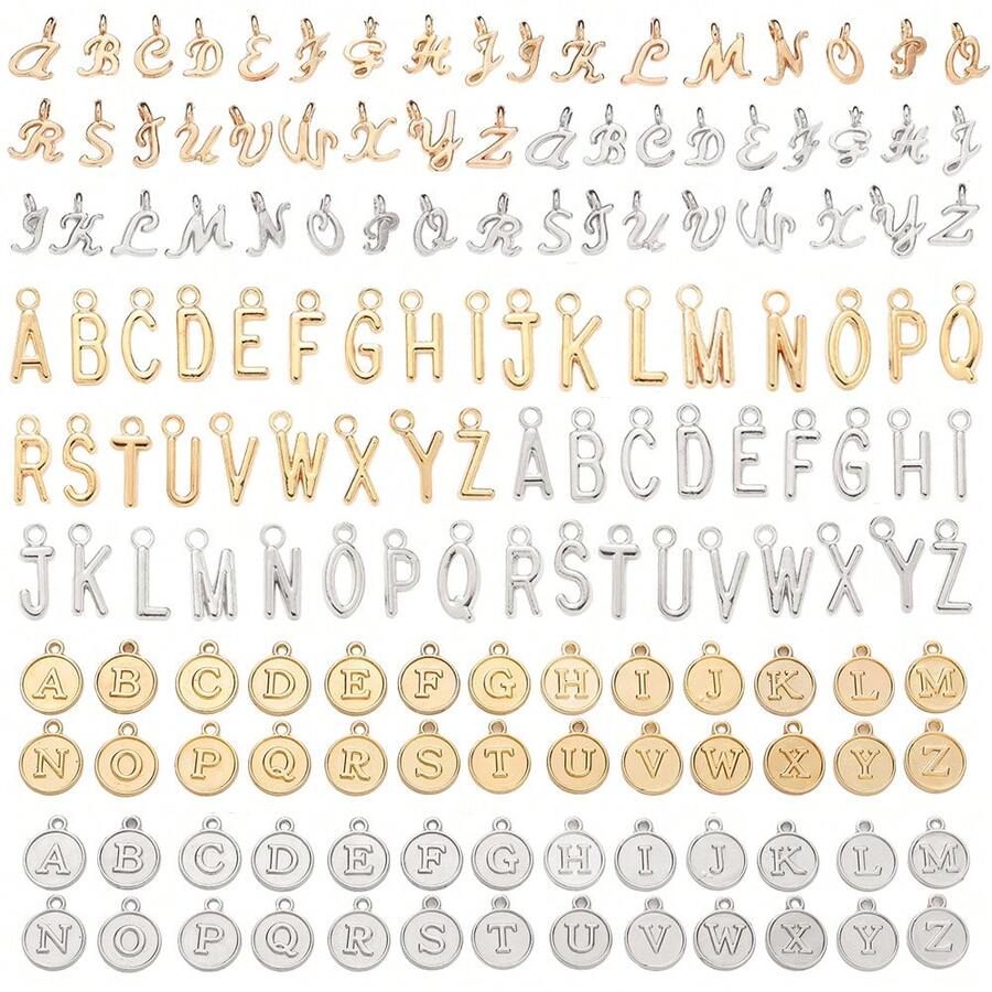 78pcs/Set Silver & Gold Tone Alphabet ABC Pendant, 3 Styles Mixed Uppercase A-Z Pendant, DIY Jewelry Accessories For Bracelet & Necklace Making