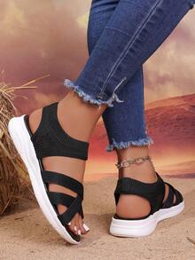 Sandálias Rasteiras Casuais Femininas, Sola Macia para Uso Externo, Moda Versátil, Estilo Deusa Romana, Sola Grossa, Cor Sólida, Praia, Cruzada - Preto - Visão 3