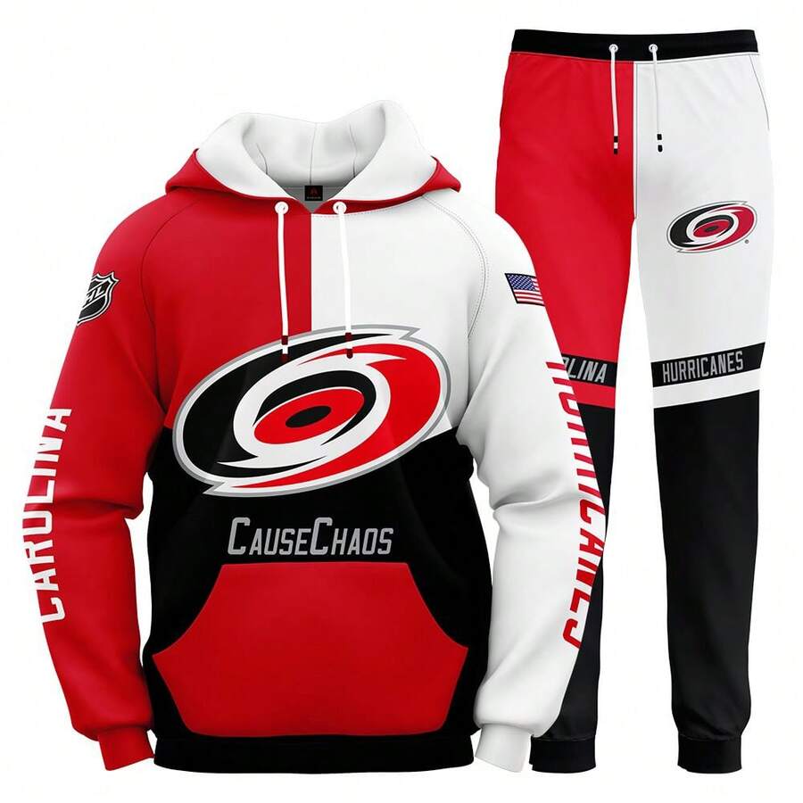 Carolina-Hurricanes Men'S Stylish 3D Lion Print 2pcs Athletic Wear Set - Long Sleeve Hoodie & Joggers, Casual Outdoor & Gym Wear For Spring/Fall, Football Team Pattern Design, Comfortable & Breathable Fabric, Perfect For Comfortable Fit - 彩色 - 查看 1