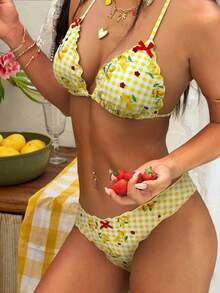 2 件柠檬黄格子印花配红色蝴蝶结女士泳衣，可拆卸泳垫，海滩度假装，泳衣，女士夏装，女士夏装，节日，伊比沙岛装束，女士泳装，比基尼套装，女士泳衣，女士沙滩装，假日套装，沙滩裙，女士比基尼套装