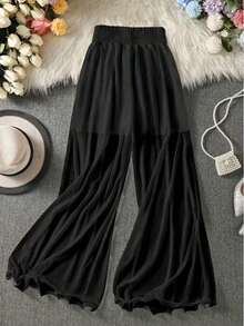 Plus Size Women's Spring/Summer Casual Wide Leg Solid Color Elastic Waist Mesh Long Pants, Versatile For Spring/Summer Wear With Various Tops Black - Black - View 1