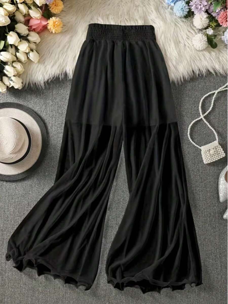 Plus Size Women's Spring/Summer Casual Wide Leg Solid Color Elastic Waist Mesh Long Pants, Versatile For Spring/Summer Wear With Various Tops Black - Black - View 1