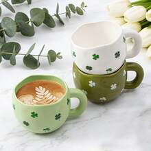 1 pieza Taza de café de cerámica de 285ml/9.5oz con diseño de patrón asimétrico pellizcado en blanco, turquesa y verde. Apta para café, leche, jugo y otras bebidas, regalo perfecto para , San Patricio o cumpleaños - Multicolor - Ver 1