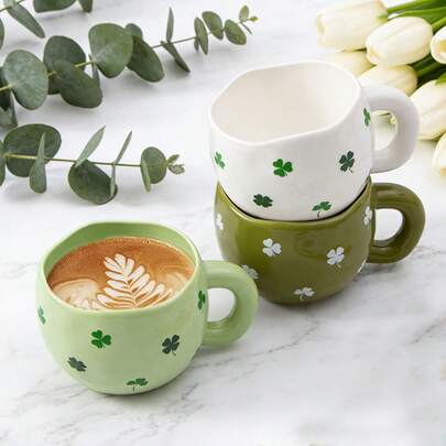 1 pieza Taza de café de cerámica de 285ml/9.5oz con diseño de patrón asimétrico pellizcado en blanco, turquesa y verde. Apta para café, leche, jugo y otras bebidas, regalo perfecto para , San Patricio o cumpleaños