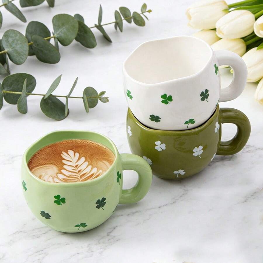 1 pieza Taza de café de cerámica de 285ml/9.5oz con diseño de patrón asimétrico pellizcado en blanco, turquesa y verde. Apta para café, leche, jugo y otras bebidas, regalo perfecto para , San Patricio o cumpleaños - Multicolor - Ver 1