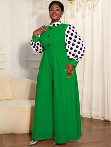 Elegant Plus Size Yellow Long Jumpsuit With Polka Dot, Bishop Lantern Sleeves, Shirt Collar And Button Decor, Loose And Comfortable - màu xanh lá - Xem 6