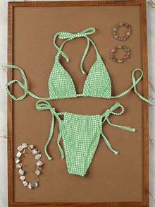 女士绿白格纹挂脖系带比基尼，清新夏日度假两件套泳衣套装，2026春夏款 - 彩色 - 查看 2