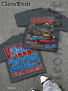 Men's Y2K "Dreams Valley" Auto Repair Shop Graphic T-Shirt Drop Shoulder Vintage Cotton Crewneck Tee 
 Style Scene Version (Emphasizing Retro Atmosphere) G48T - 深灰色 - 查看 1