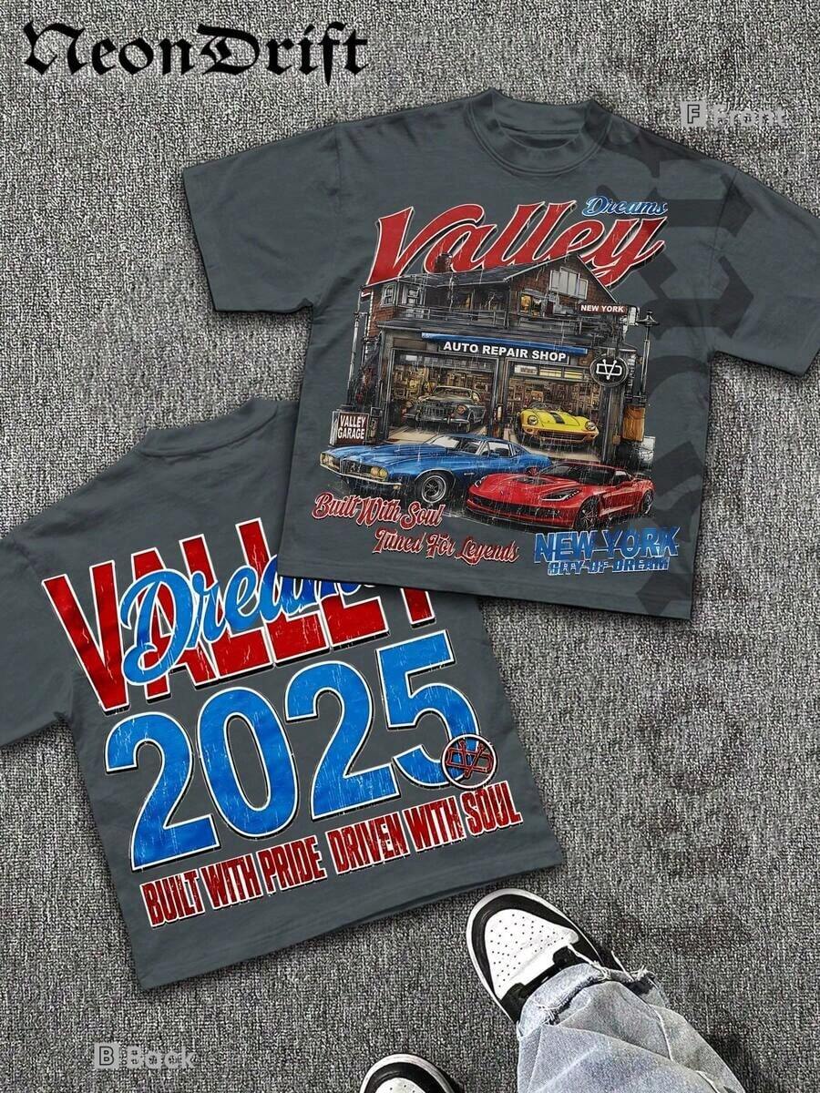 Men's Y2K "Dreams Valley" Auto Repair Shop Graphic T-Shirt Drop Shoulder Vintage Cotton Crewneck Tee 
 Style Scene Version (Emphasizing Retro Atmosphere) G48T - 深灰色 - 查看 1